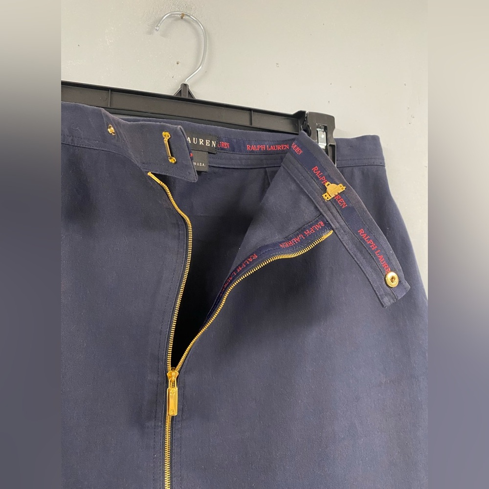 Ralph Lauren Black Label Size 14 Navy Blue Pencil Skirt Zipper Front Gold Chic - Picture 5 of 8